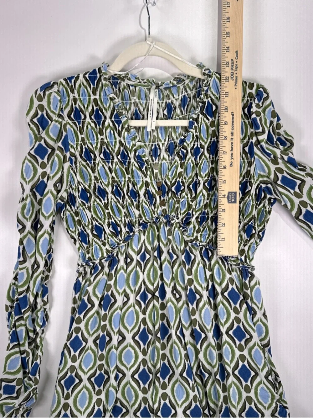By Anthropologie Ruffle Mini Dress Smocked Long Sleeve Ikat Blue Green S - Picture 11 of 14